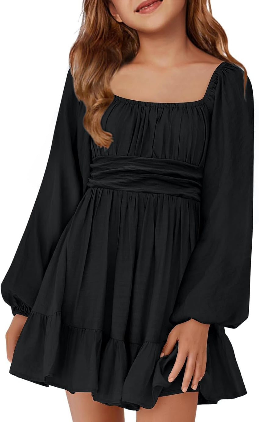 Batermoon Girls Long Sleeve Tie Back Dress Kids Fall Square Neck A-Line Mini Dresses 5-14 Years