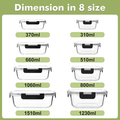 8 Pack Glass Food Storage Containers with Lids, Meal Prep Containers, Airtight Bento Boxes with Leak Proof Locking for Microwave, Oven, Freezer and Dishwasher, BPA Free