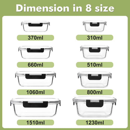 8 Pack Glass Food Storage Containers with Lids, Meal Prep Containers, Airtight Bento Boxes with Leak Proof Locking for Microwave, Oven, Freezer and Dishwasher, BPA Free
