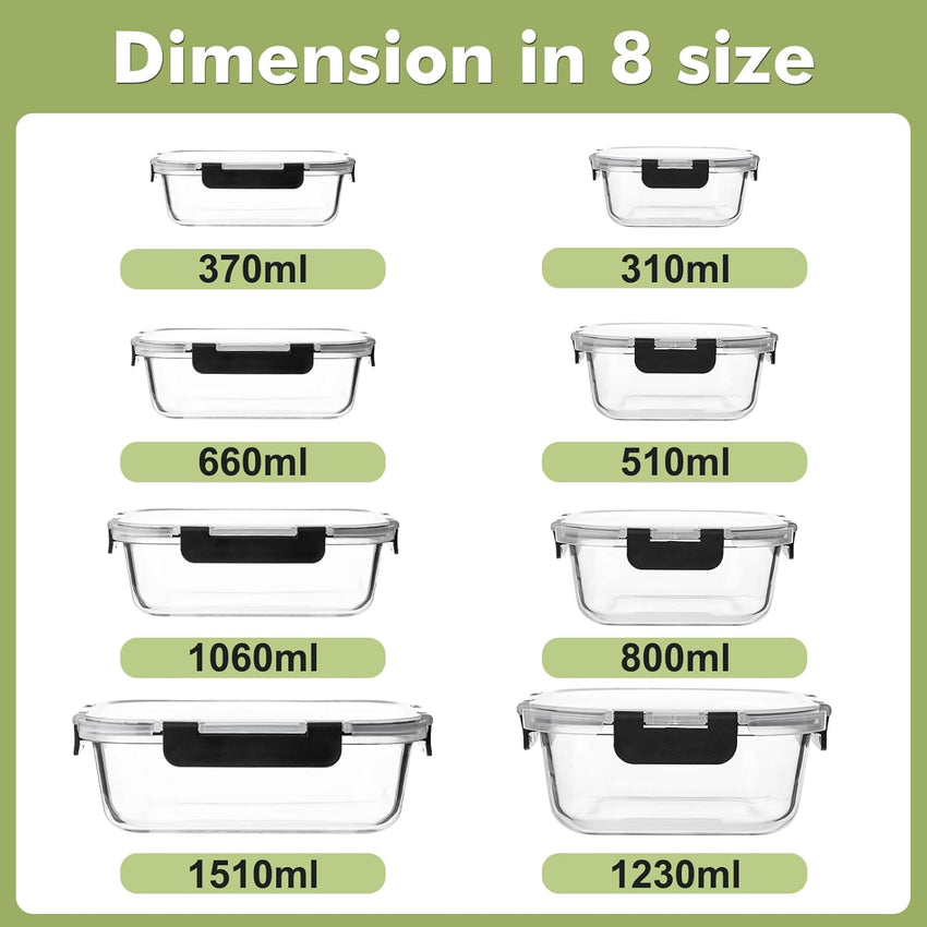 8 Pack Glass Food Storage Containers with Lids, Meal Prep Containers, Airtight Bento Boxes with Leak Proof Locking for Microwave, Oven, Freezer and Dishwasher, BPA Free