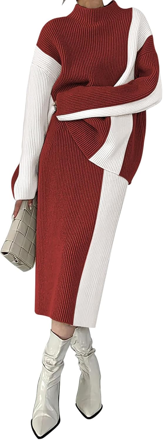 Pink Queen Women's 2 Piece Outfits 2025 Fall Winter Sweater Skirt Set Long Sleeve Oversized Top High Waist Color Block Dress