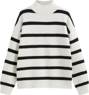 CIDER Striped Mock Neck Sweater Women Long Sleeve Pullover Knit Top