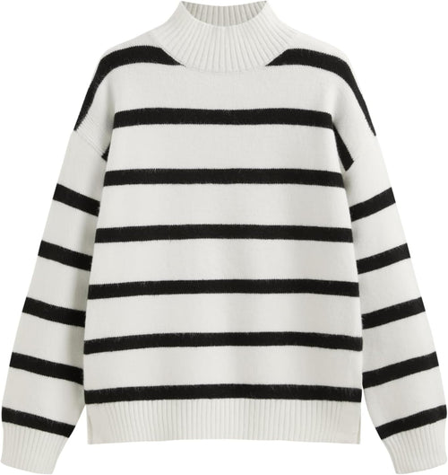 CIDER Striped Mock Neck Sweater Women Long Sleeve Pullover Knit Top