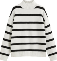 CIDER Striped Mock Neck Sweater Women Long Sleeve Pullover Knit Top