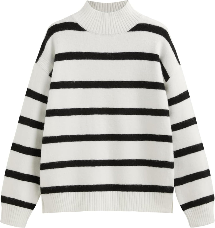 CIDER Striped Mock Neck Sweater Women Long Sleeve Pullover Knit Top