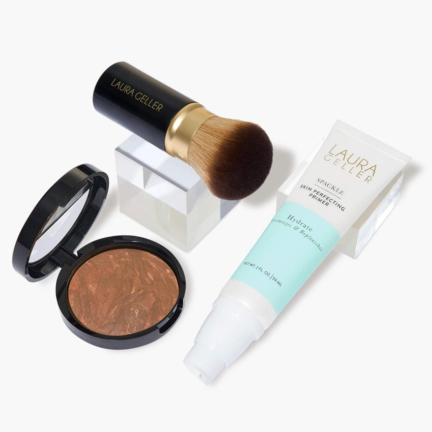 LAURA GELLER NEW YORK Laura's Must-Haves Kit 3pc: Baked Balance-n-Brighten Powder Foundation, Medium + Spackle Skin Perfecting Makeup Primer, Hydrate + Airbrush Round Kabuki Brush