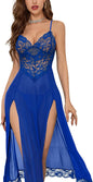 Sexy Split Mesh Lace Floral Sheer Babydoll Lingerie Outfit Dress 2 Piece with Thong Set