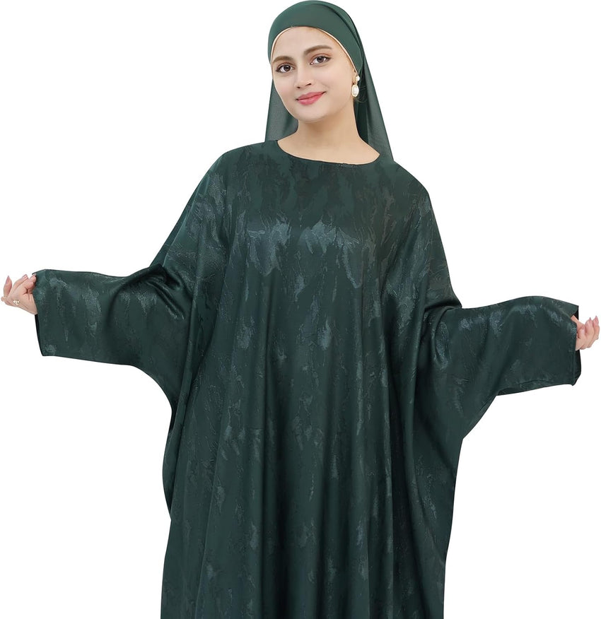 Elegant Eid Clothes Women Muslim Glossy Batwing Sleeve Abaya Ramadan Prayer Dress with Belt