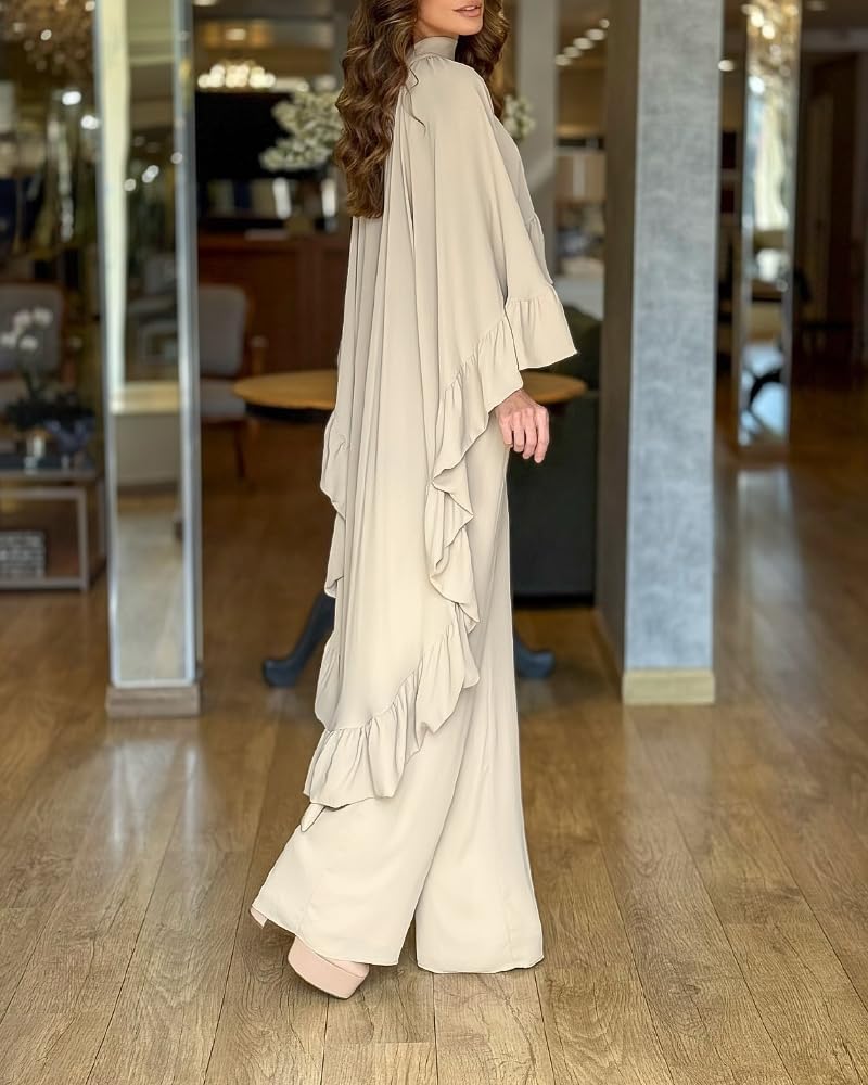 CHICME 2 Pieces Outfits for Women 2025 High-Low Ruffles Hem Cape Top and Casual Wide Leg Pants Travel Matching Sets