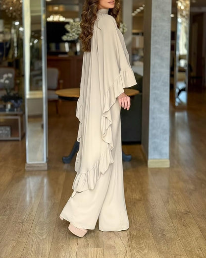 CHICME 2 Pieces Outfits for Women 2025 High-Low Ruffles Hem Cape Top and Casual Wide Leg Pants Travel Matching Sets