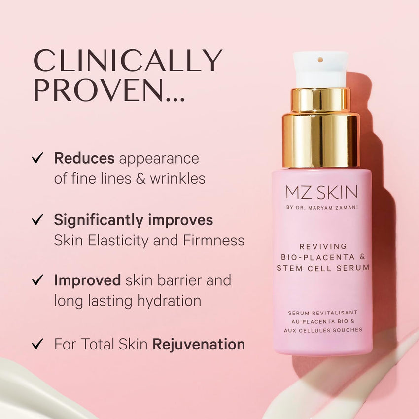 MZ Skin Reviving Bio-Placenta & Stem Cell Serum - Night Treatment for Powerful Rejuvenation, With Peptides, Squalane & Hyaluronic Acid, Perfect For Anti-Aging, Wrinkles & Fine Lines