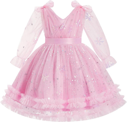 IMEKIS Toddler Kids Girls Tulle Dress Floral Embroidery Sparkly Wedding Party Long Sleeve Fall Photo Shoot Outfit 2-8T