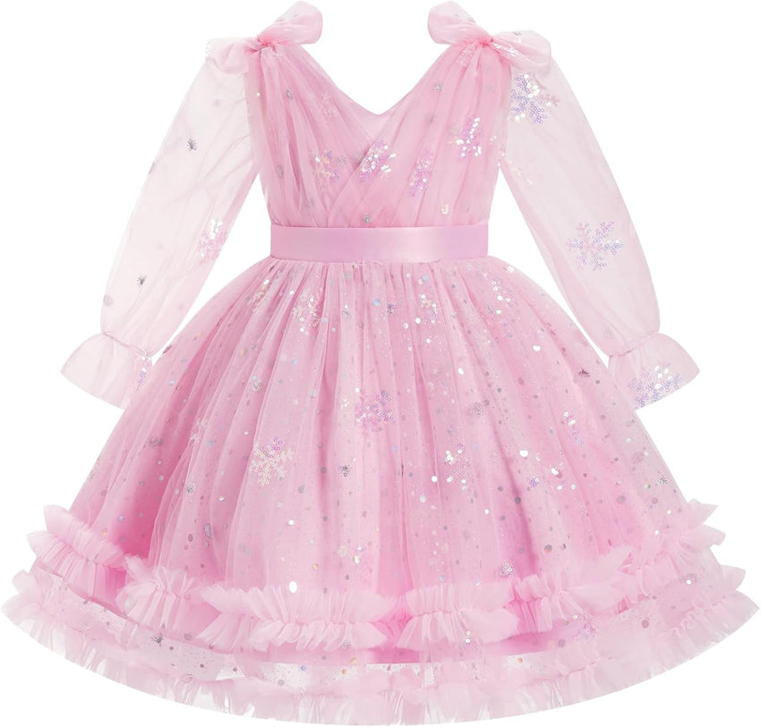 IMEKIS Toddler Kids Girls Tulle Dress Floral Embroidery Sparkly Wedding Party Long Sleeve Fall Photo Shoot Outfit 2-8T