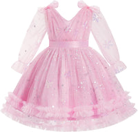 IMEKIS Toddler Kids Girls Tulle Dress Floral Embroidery Sparkly Wedding Party Long Sleeve Fall Photo Shoot Outfit 2-8T
