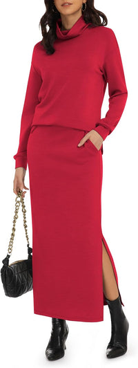 Casly Lamiit Women's 2 Piece Skirt Set Turtleneck Tops Long Skirt Matching Outfits with Pockets Fall Loungewear