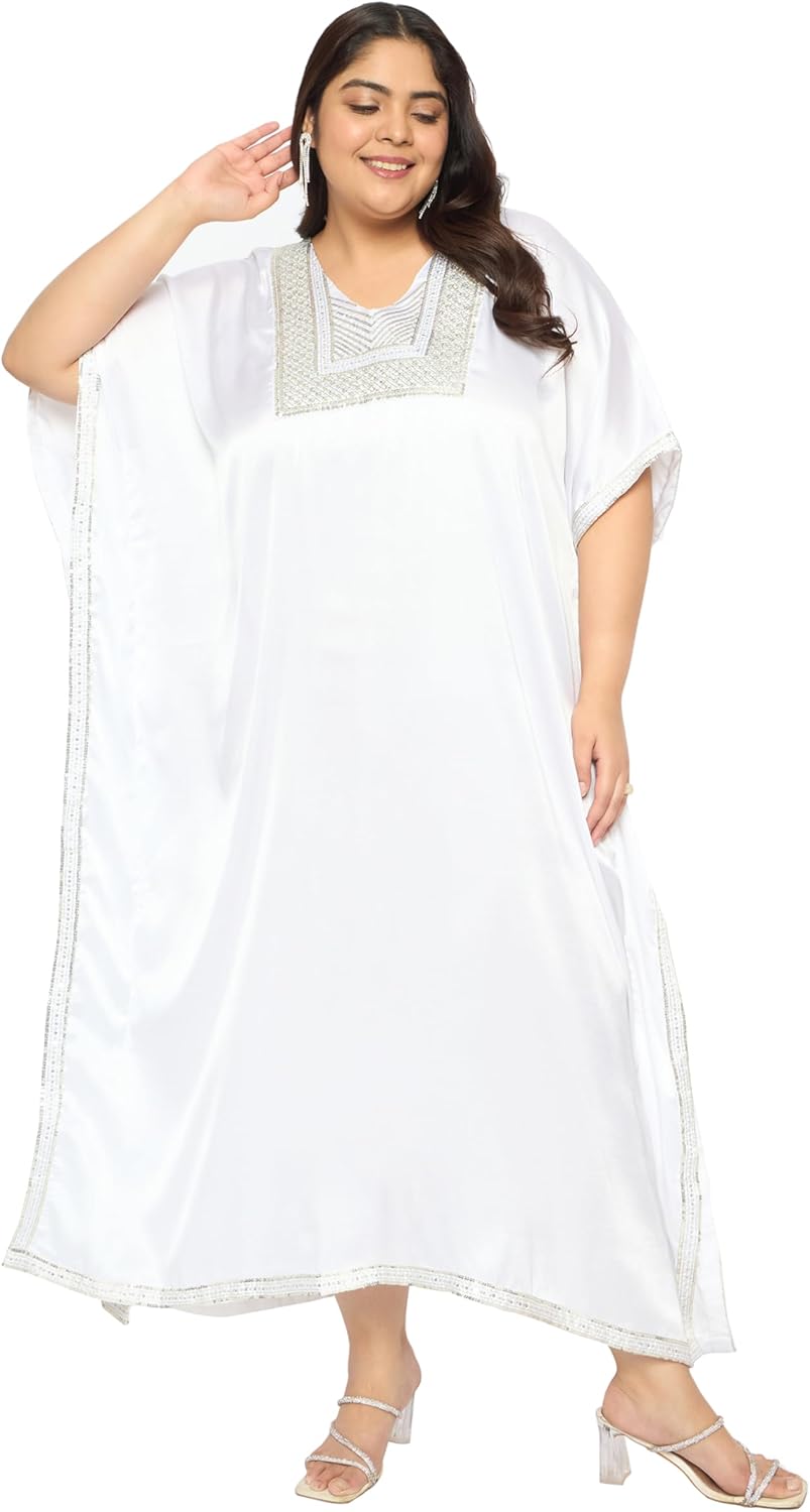 Gypsie Blu Women’s Plus Size Satin Sequin Kaftan Dress with Kimono Sleeves Casual Resort Wear Stylish Loose Fit Evening Dress