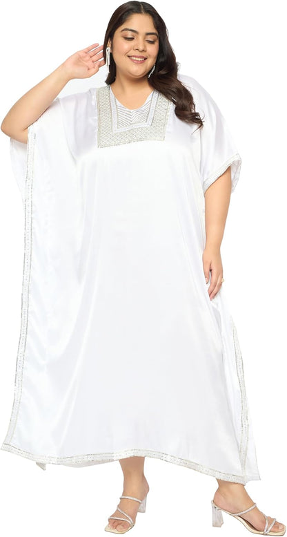 Gypsie Blu Women’s Plus Size Satin Sequin Kaftan Dress with Kimono Sleeves Casual Resort Wear Stylish Loose Fit Evening Dress