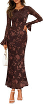 ZESICA Women's 2025 Bell Long Sleeve Floral Maxi Dress Fall Fashion Bodycon Mesh Wedding Guest Cocktail Party Dresses
