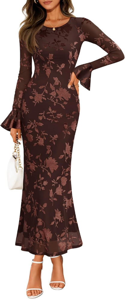 ZESICA Women's 2025 Bell Long Sleeve Floral Maxi Dress Fall Fashion Bodycon Mesh Wedding Guest Cocktail Party Dresses