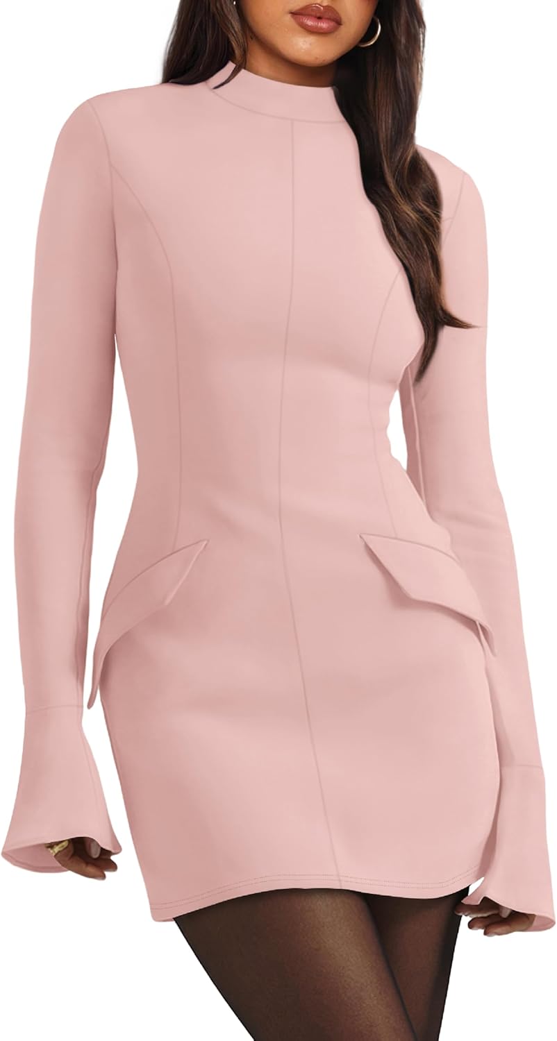 OFEEFAN Women's Fall Long Sleeve Mock Neck Dress Basic Party Club Bodycon Mini Dresses