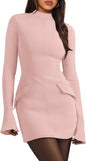 OFEEFAN Women's Fall Long Sleeve Mock Neck Dress Basic Party Club Bodycon Mini Dresses