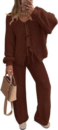 ZESICA Women's 2 Piece Outfits Lounge Pajama Sets 2025 Fall Long Sleeve Cardigans Wide Leg Pants Matching Winter Clothes