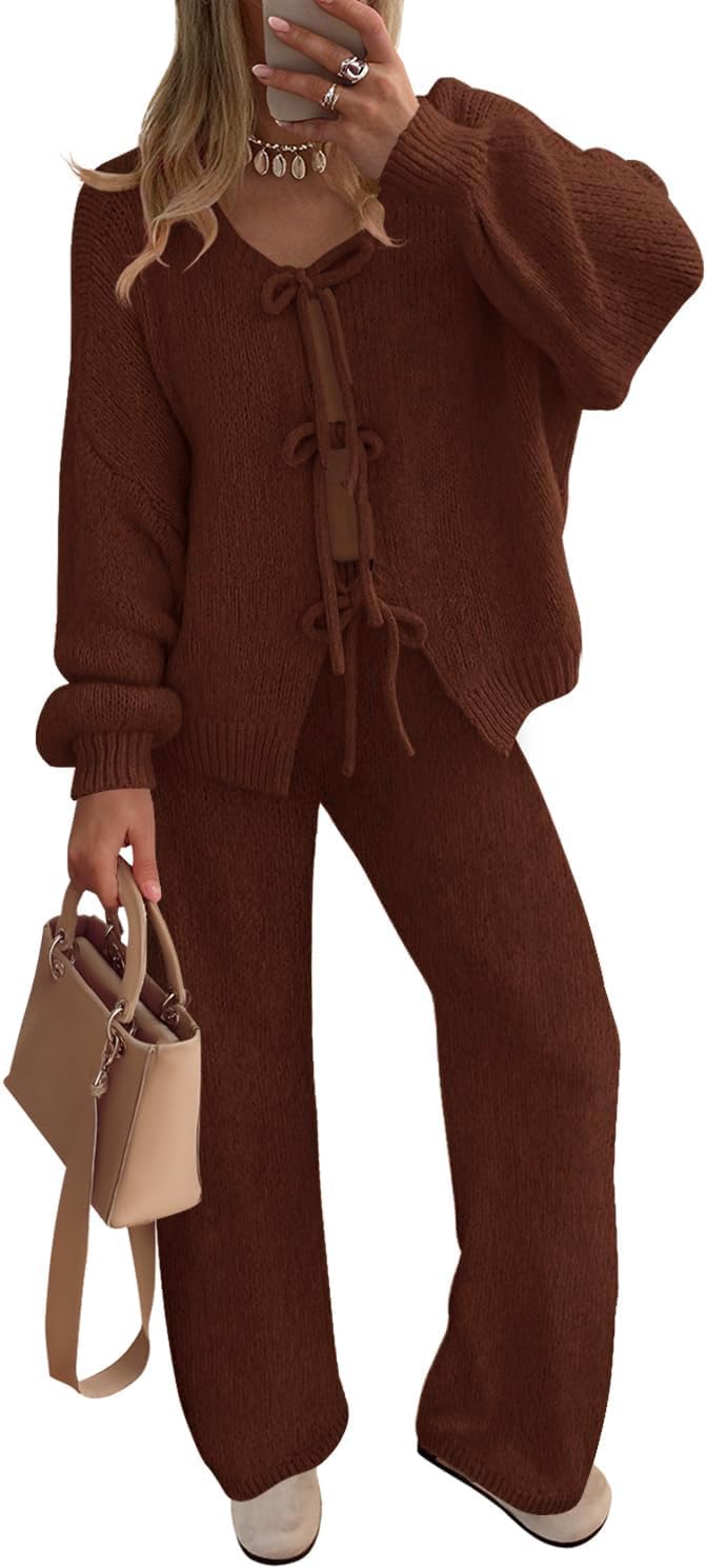 ZESICA Women's 2 Piece Outfits Lounge Pajama Sets 2025 Fall Long Sleeve Cardigans Wide Leg Pants Matching Winter Clothes