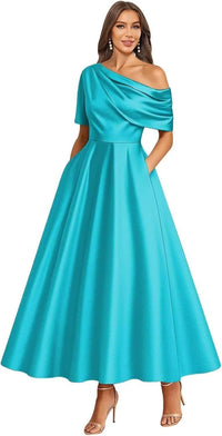 Tea Length Mother of Bride Dresses for Women Satin One Shoulder Wedding Guest Dress Formal Evening Party Gown with Pocket