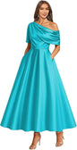 Tea Length Mother of Bride Dresses for Women Satin One Shoulder Wedding Guest Dress Formal Evening Party Gown with Pocket