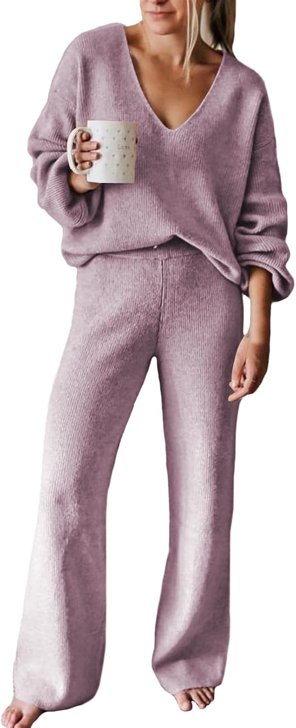Viottiset Women's 2 Piece Outfits Casual V Neck Knit Wide Leg Sweater Lounge Set Sweatsuit
