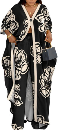 CHICME Women's 2 Piece Outfits 2025 Abstract Print Batwing Sleeve V Neck Top with High Slit and Loose Wide Leg Pants Set