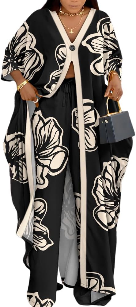 CHICME Women's 2 Piece Outfits 2025 Abstract Print Batwing Sleeve V Neck Top with High Slit and Loose Wide Leg Pants Set