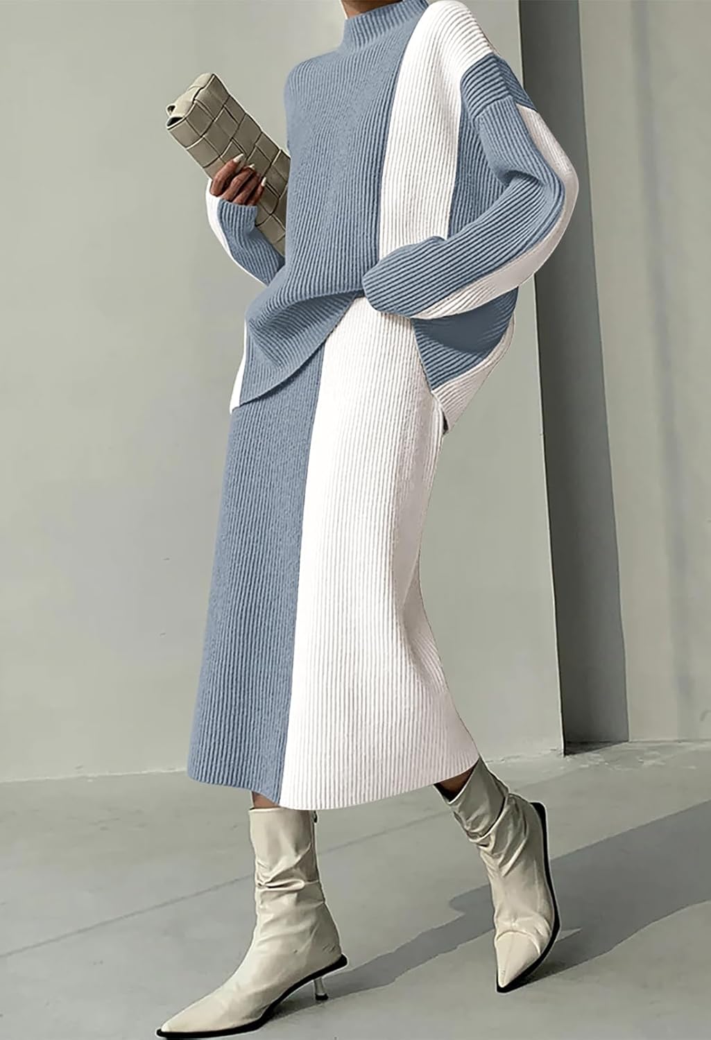 Pink Queen Women's 2 Piece Outfits 2025 Fall Winter Sweater Skirt Set Long Sleeve Oversized Top High Waist Color Block Dress