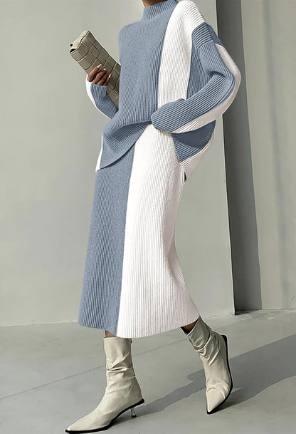 Pink Queen Women's 2 Piece Outfits 2025 Fall Winter Sweater Skirt Set Long Sleeve Oversized Top High Waist Color Block Dress