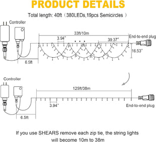 KAZOKU Christmas Lights Outdoor Indoor 40FT 380 LED Waterproof Christmas Tree Lights 8Modes Extendable Xmas Semicircle String Lights for Christmas Home Roof Eaves Garden Patio Yard Decor(Multicolor)