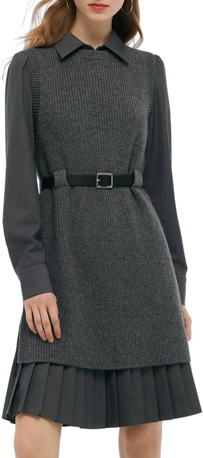 GOELIA Dress Two Piece Sets for Women Wool Blend Long Knit Sweater Vest and Long Sleeve Shirt Mini Dresses with Belt