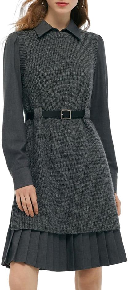 GOELIA Dress Two Piece Sets for Women Wool Blend Long Knit Sweater Vest and Long Sleeve Shirt Mini Dresses with Belt