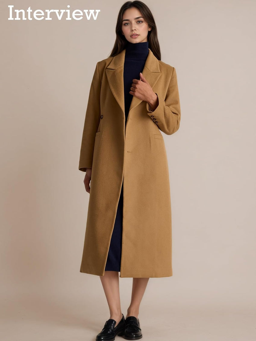 Mina Self Long Wool Coat Women 2025 Fall Winter Notch Lapel Double Breasted Full-Lined Business Casual with Pockets Pea Coats