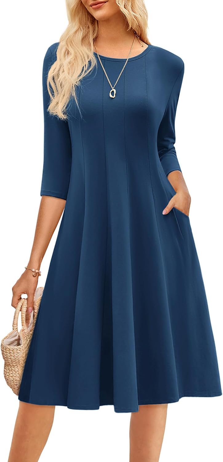 GRACE KARIN Fall Dresses for Women 2025 Casual 3/4 Sleeve Dress A Line Fit and Flare Midi Dress with Pockets