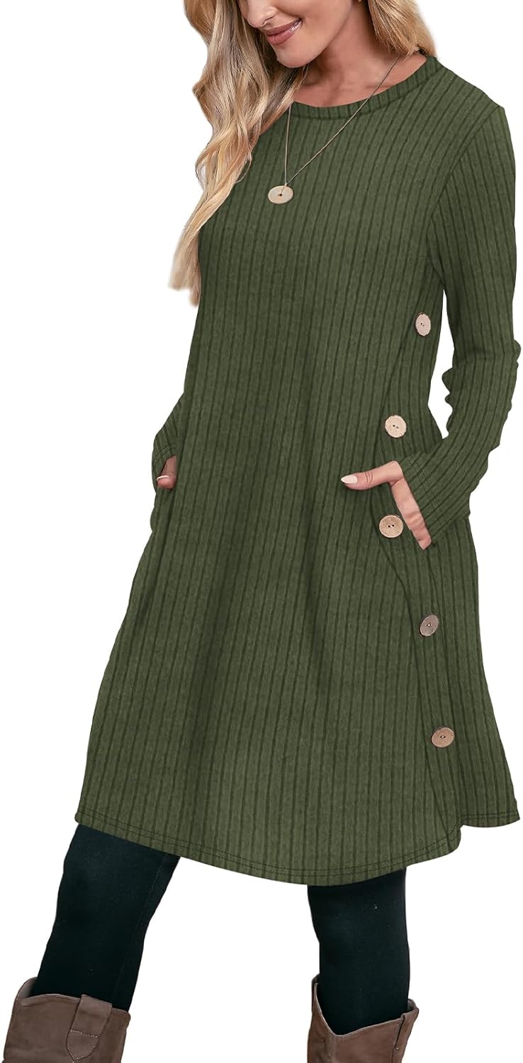OFEEFAN Fall and Winter Tunic Dress with Pockets Long Sleeve Crew Neck Buttons Side