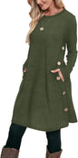 OFEEFAN Fall and Winter Tunic Dress with Pockets Long Sleeve Crew Neck Buttons Side