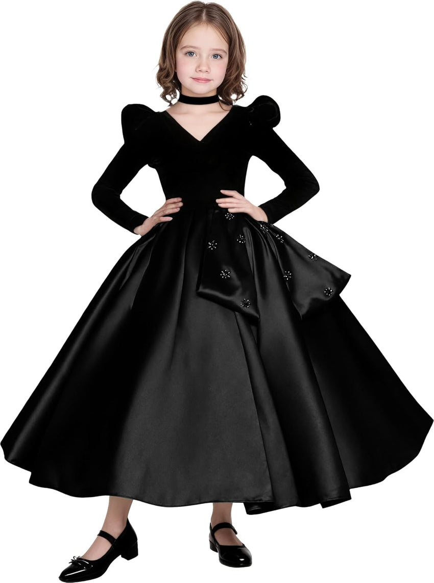 Long Sleeve Velvet Flower Girl Dresses A Line Crystal Satin Formal Dresses for Christmas