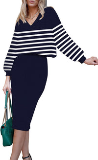 Pink Queen Women's 2 Piece Outfits Set Knit V Neck Batwing Long Sleeve Loose Top Bodycon Midi Skirt Sweater Dresses