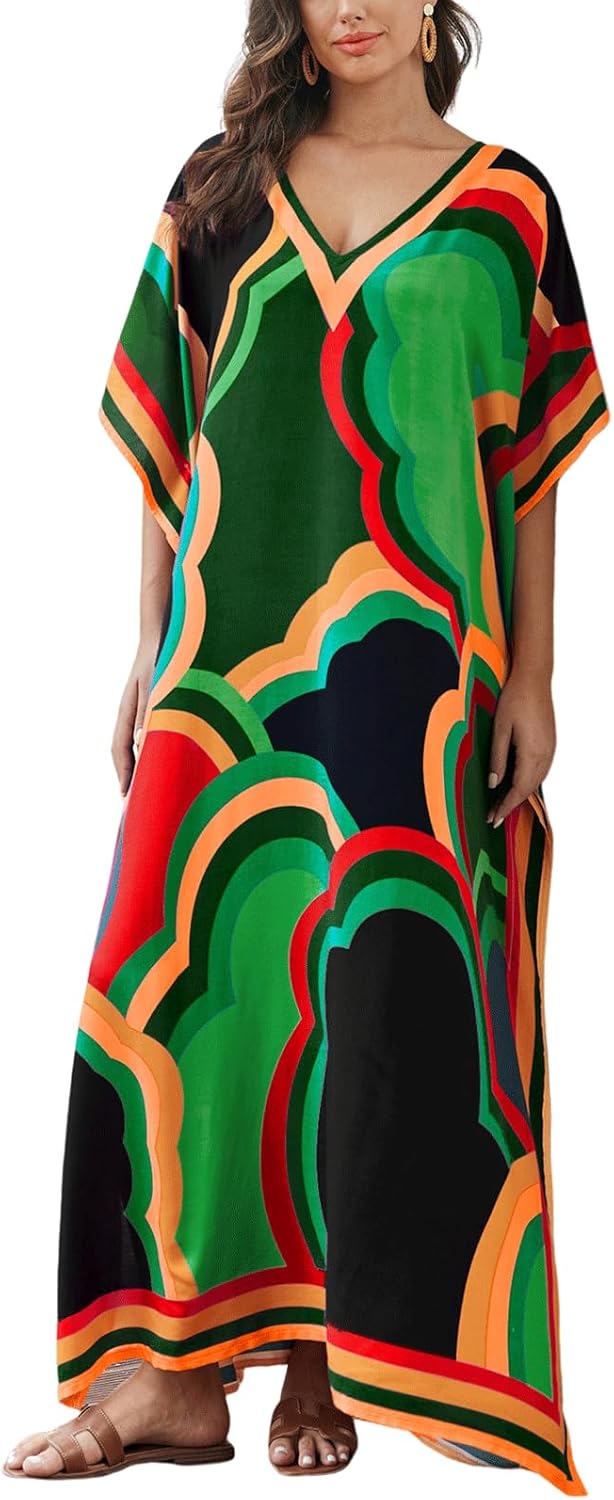 Women's Plus Size Loose Fit Moroccan Print V-Neck Batwing Kaftan Beach Dress Bathing Suit Cover Up