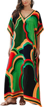 Women's Plus Size Loose Fit Moroccan Print V-Neck Batwing Kaftan Beach Dress Bathing Suit Cover Up