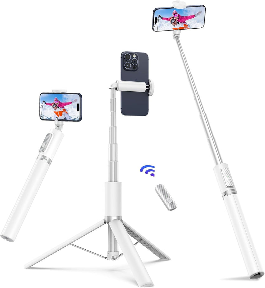 ATUMTEK 62" Selfie Stick Tripod, Extendable Aluminum Tripod with Rechargeable Bluetooth Remote, Compatible with iPhone and Android Smartphones, Perfect for Travel, Vlog, Video and Photo, White