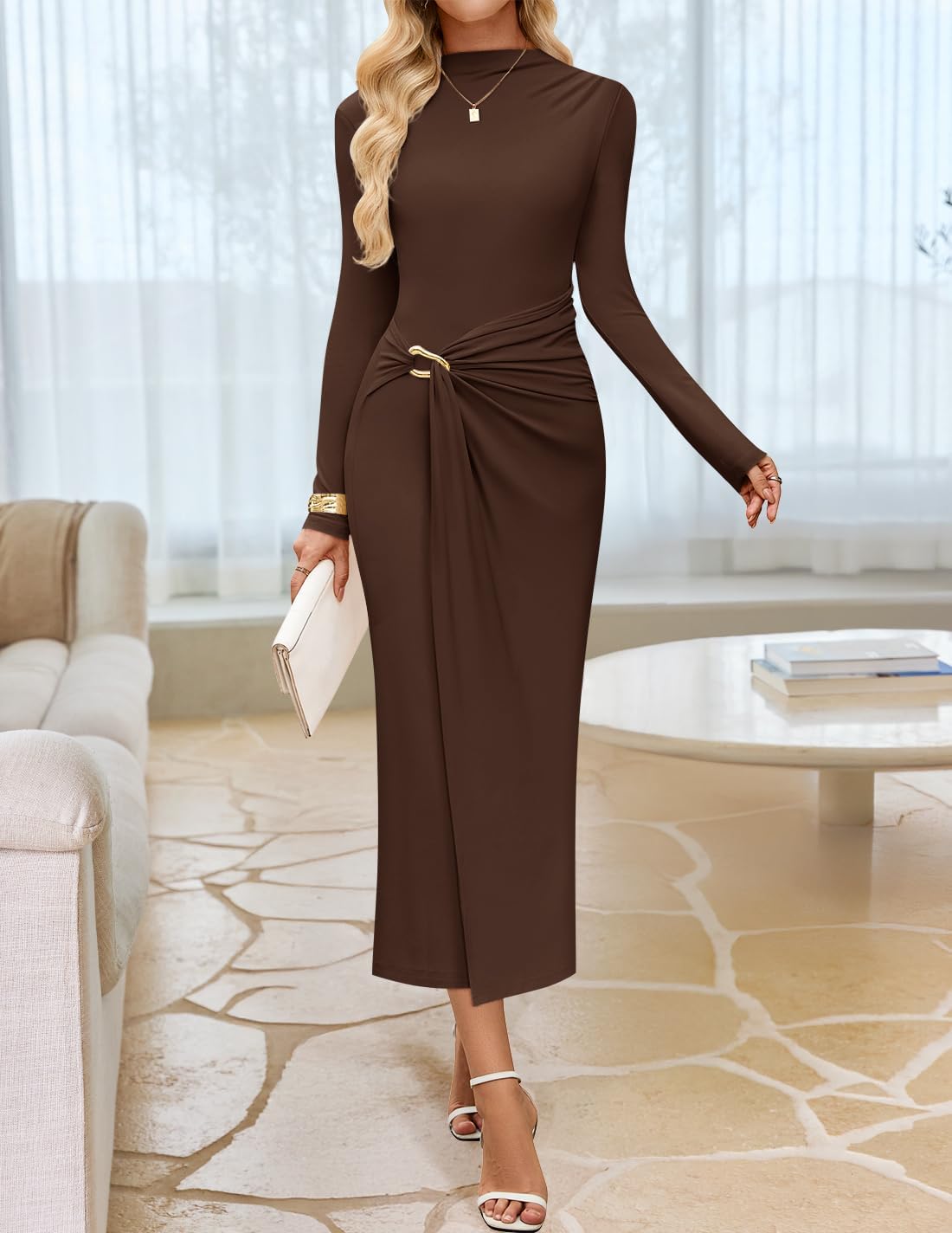 ZESICA Women's 2025 Fall Long Sleeve Bodycon Dress Mock Neck Wedding Guest Cocktail Party Long Midi Dresses