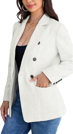 Mina Self Womens 2024 Tweed Blazers Warm Double Breasted Lapel Long Sleeve Fashion Casual Work Suits Jacket