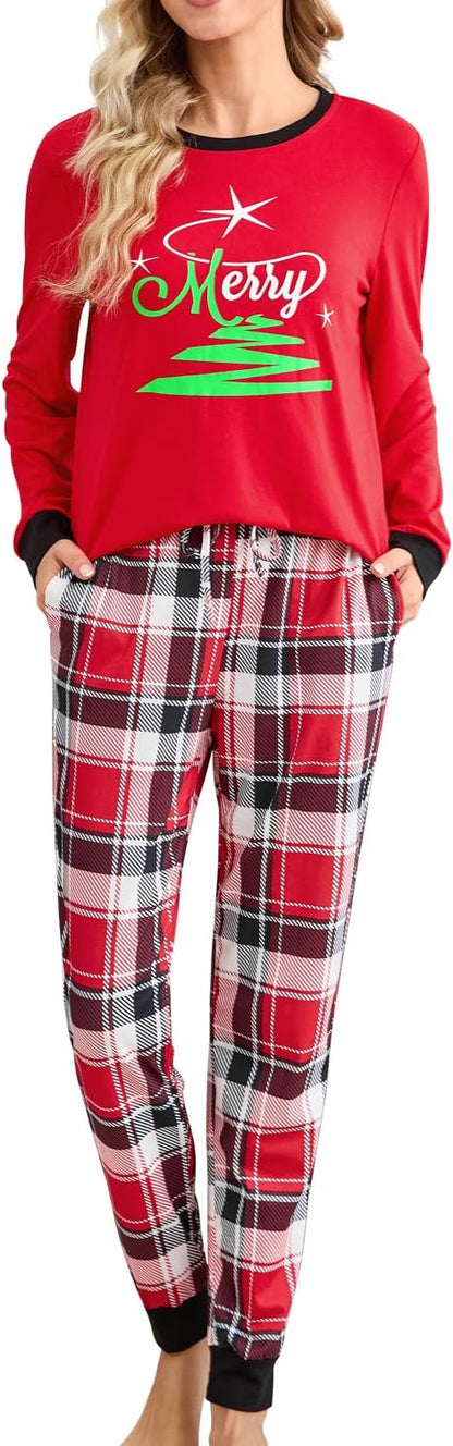 difficort Womens Christmas Pajamas Long Sleeve Pj Set Soft Plaid Pants Sleepwear with Pockets