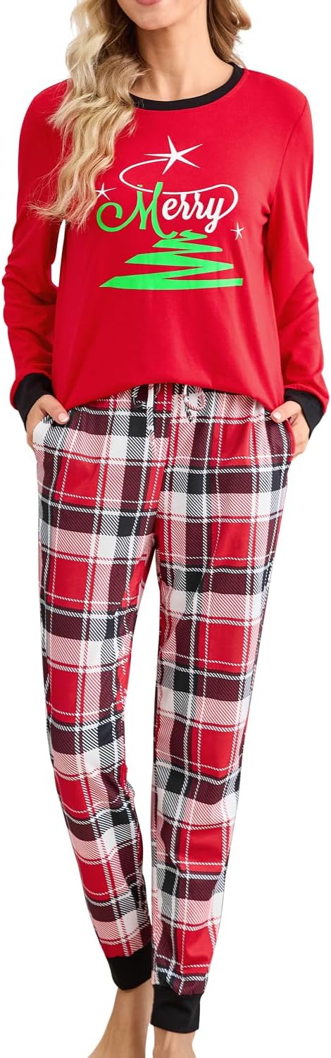 difficort Womens Christmas Pajamas Long Sleeve Pj Set Soft Plaid Pants Sleepwear with Pockets